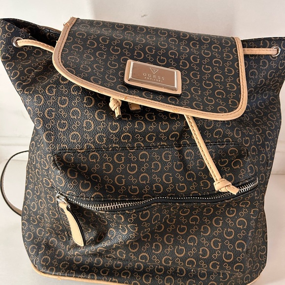 GUESS Monogram Drawstring Backpack — Brown + Tan - Picture 1 of 10